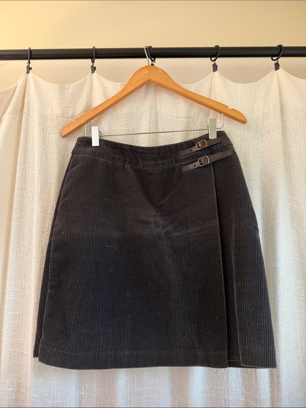 Boden Dark Gray Corduroy Faux Wrap Mini Skirt with Double Buckles